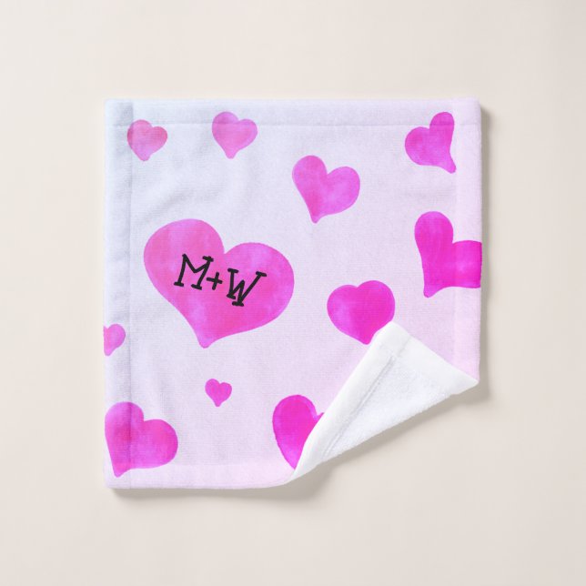 Pink watercolor hearts Custom Couple name initials Wash Cloth (Wash Cloth)