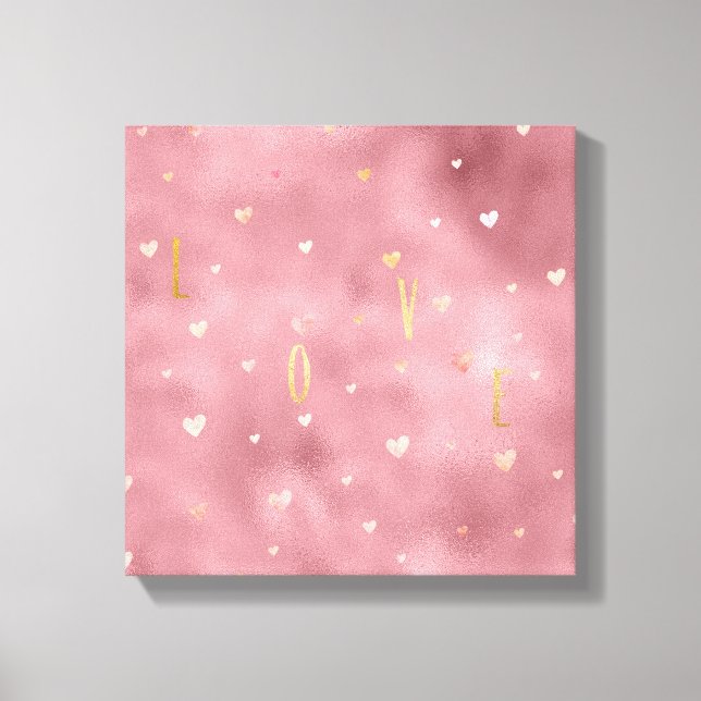 Pink Watercolor Hearts Gold Love Glam Canvas Print (Front)
