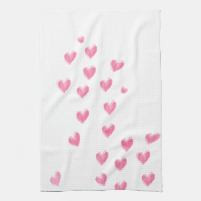 Pink Watercolor Hearts - Kitchen Towel (Vertical)