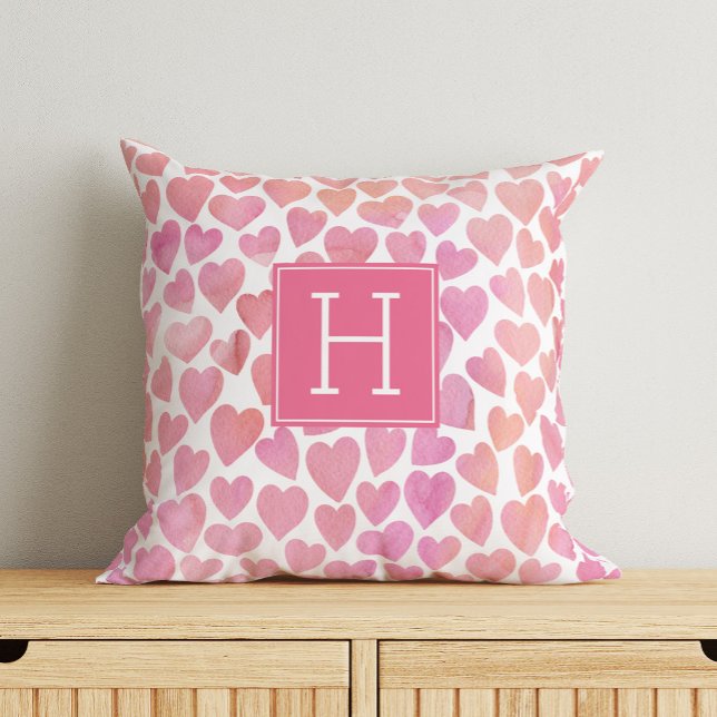 Pink Watercolor Hearts Monogrammed Throw Pillow (Creator Uploaded)