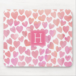 Pink Watercolor Hearts Pattern Mouse Pad