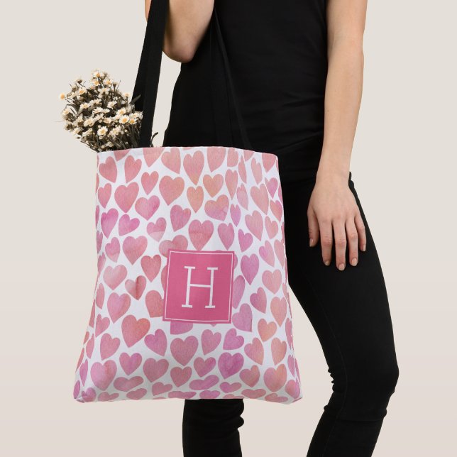 Pink Watercolor Hearts Pattern Tote Bag (Close Up)