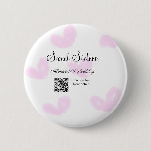 Pink watercolor hearts QR Sweet sixteen birthday 2 Inch Round Button