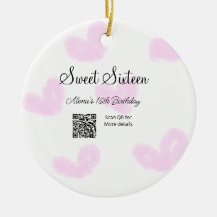 Pink watercolor hearts QR  Sweet sixteen birthday  Ceramic Ornament