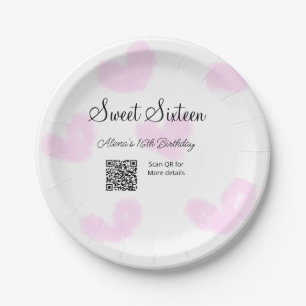 Pink watercolor hearts QR Sweet sixteen birthday Paper Plate