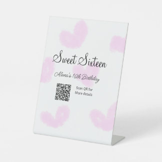 Pink watercolor hearts QR  Sweet sixteen birthday  Pedestal Sign