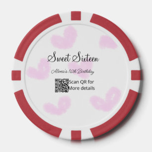 Pink watercolor hearts QR  Sweet sixteen birthday  Poker Chips