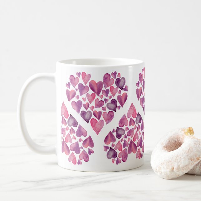 Pink Watercolor Hearts Valentine’s Day Coffee Mug (With Donut)