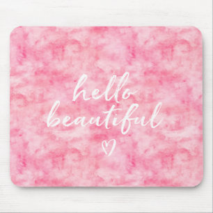 Pink Watercolor Hello Beautiful Heart Mouse Pad
