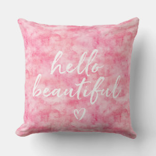 Pink Watercolor Hello Beautiful Heart Throw Pillow