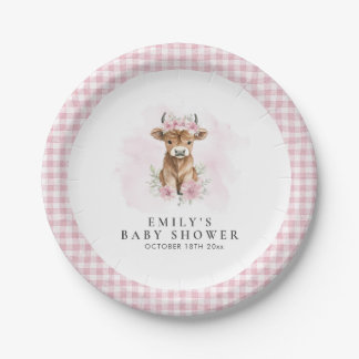 Pink Watercolor Highland Cow Girl Baby Shower Paper Plate