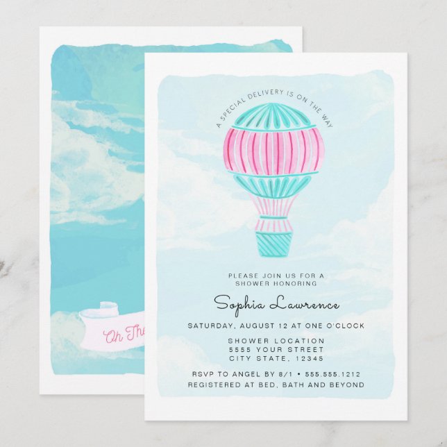 Pink Watercolor Hot Air Balloon Baby Shower Invitation (Front/Back)