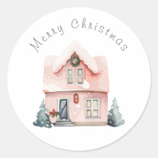 Pink Watercolor House Christmas Classic Round Sticker