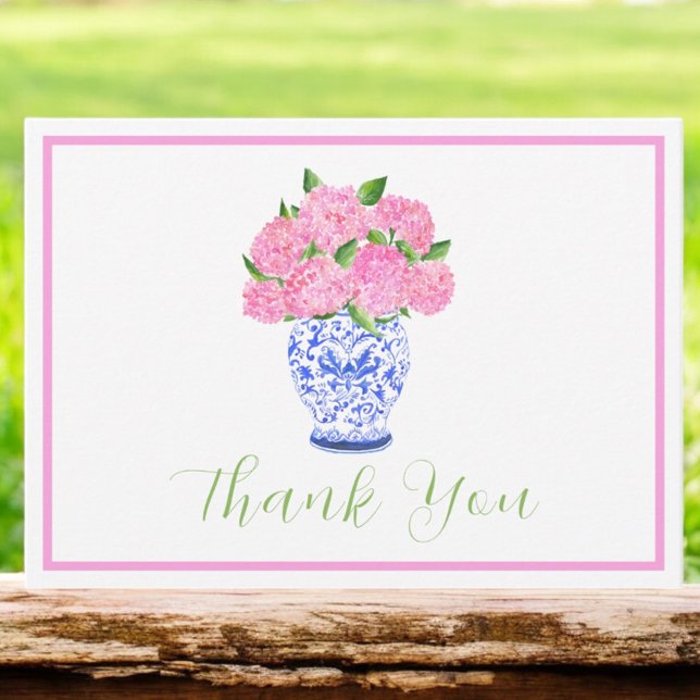 Pink Watercolor Hydrangea Chinoiserie Script Thank Card (Creator Uploaded)