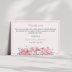 Pink watercolor hydrangea summer flowers funeral thank you card