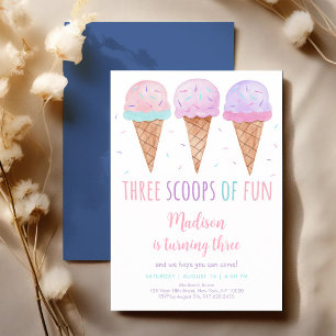 Pink Watercolor Ice Cream Third Birthday Invitation