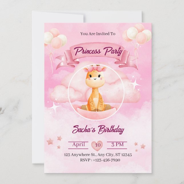 Pink Watercolor Illustrative Princess Invitation (Front)