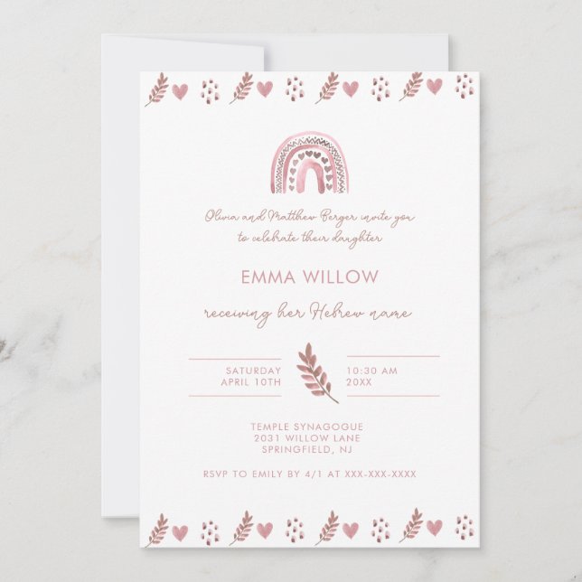 Pink Watercolor Jewish Baby Naming Invitation (Front)
