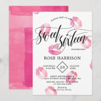 Pink Watercolor Kisses Sweet Sixteen