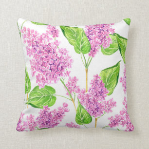 Pink watercolor lilac flowers throw pillow