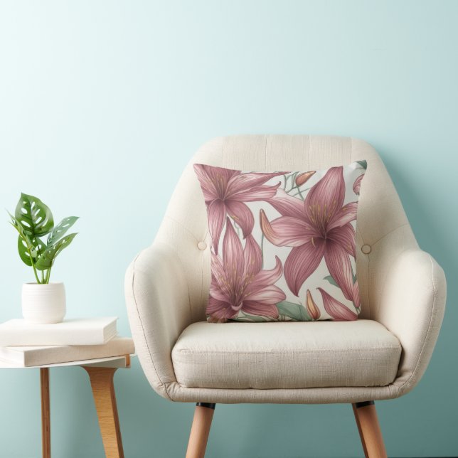 Pink Watercolor Lily Flowers Throw Pillow (Chair)