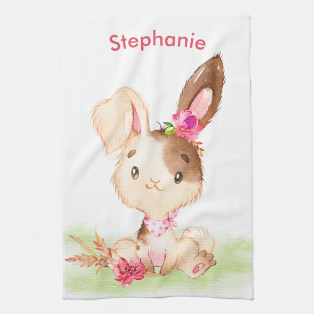 Pink Watercolor Little Bunny Kitchen Towel (Vertical)