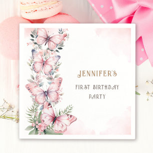 Pink Watercolor Little Butterfly Girl 1st Birthday Napkin