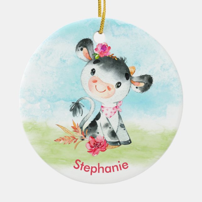Pink Watercolor Little Cow Ceramic Ornament (Front)