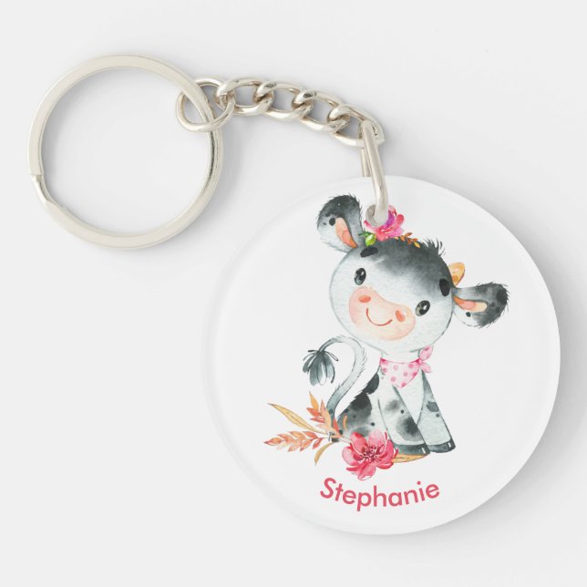 Pink Watercolor Little Cow Keychain (Front)