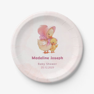 Pink Watercolor Little Ducking Girl Baby Shower Paper Plate