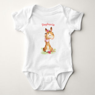 Pink Watercolor Little Horse Baby Bodysuit