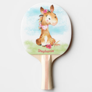 Pink Watercolor Little Horse Ping Pong Paddle