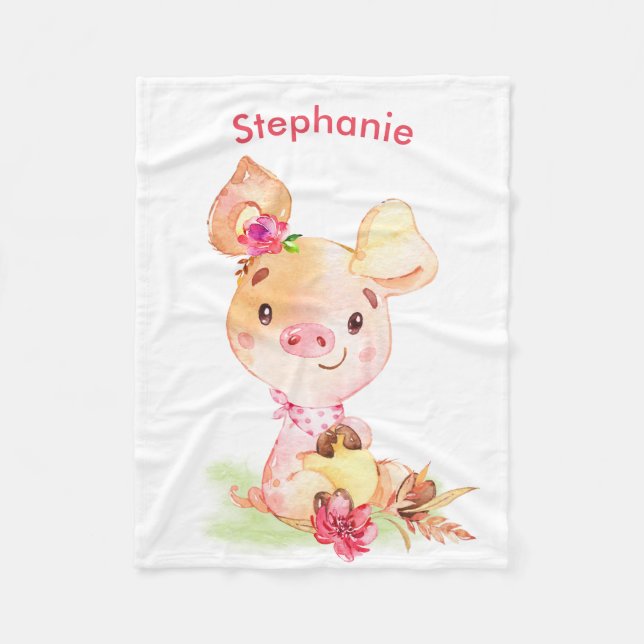Pink Watercolor Little Piggy Fleece Blanket (Front)