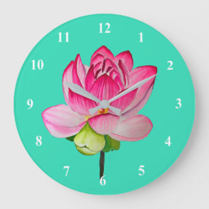 Pink watercolor lotus flower fine art large clock