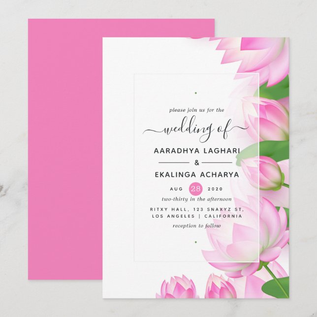 Pink Watercolor Lotus Flower Indian Wedding Invitation (Front/Back)