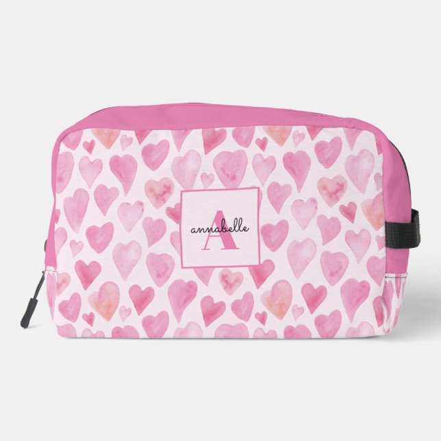 Pink watercolor love heart dopp kit (Back)