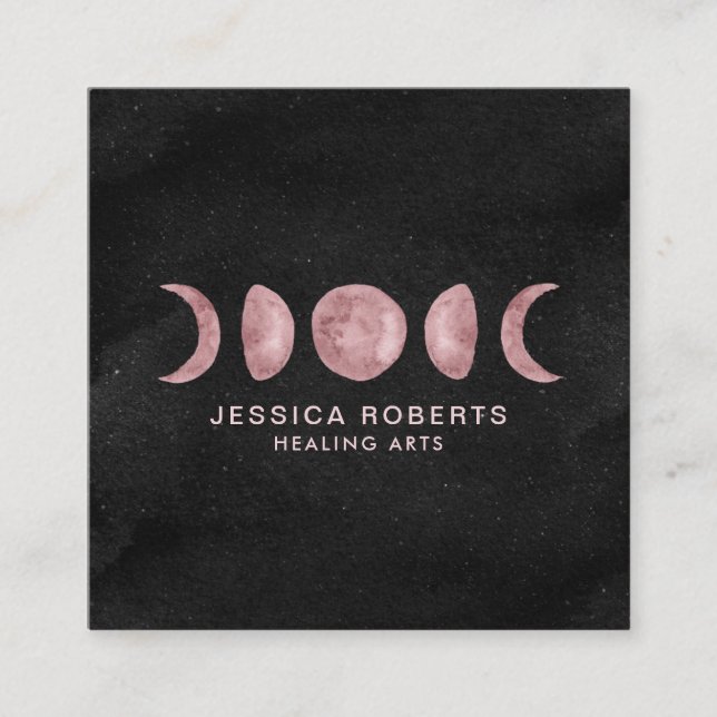 Pink Watercolor Lunar Moon Phases Square Business Card (Front)