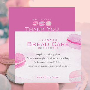 Pink Watercolor Macaron Bread Care Instructions Thank You Card