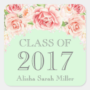 Pink Watercolor Mint Graduation Class of 2017 Square Sticker