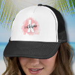 Pink Watercolor Monogram Trucker Hat<br><div class="desc">A soft blush pink watercolor backdrop provides the canvas for a cute and contemporary monogram, featuring initials and name. The monogram's black and white colour palette, composed of clean modern fonts mixed with a script font, exudes a simple yet fun charm. Whether you want to use your first name or...</div>