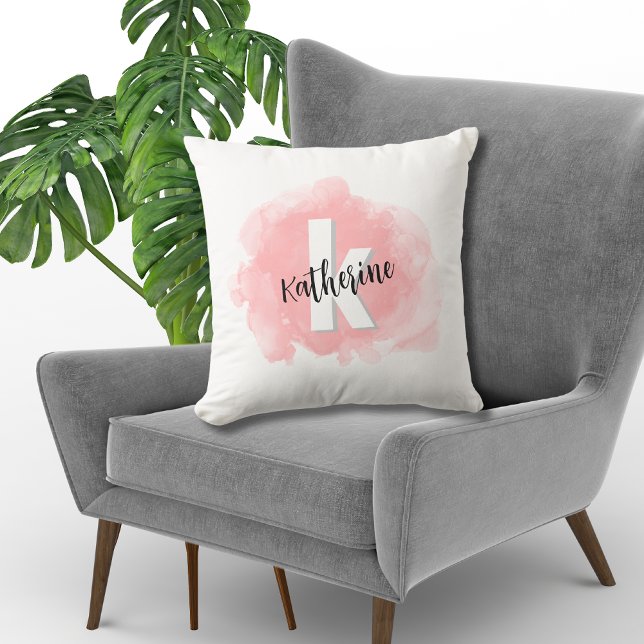 Pink Watercolor Monogrammed Throw Pillow (Modern Pink Watercolor Monogrammed Throw Pillow)