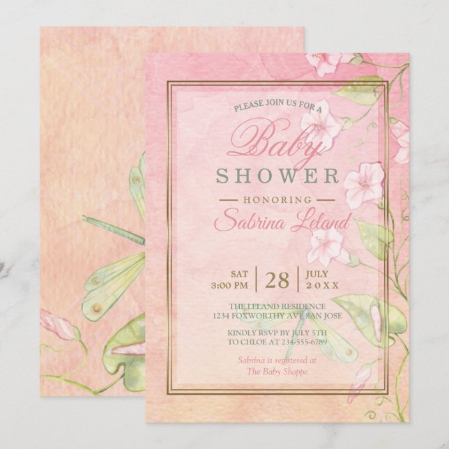 Pink Watercolor Morning Glory Baby Shower Invitation (Front/Back)