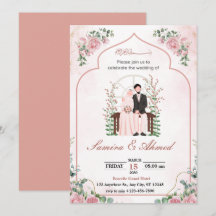 Pink Watercolor muslim wedding invitation cards