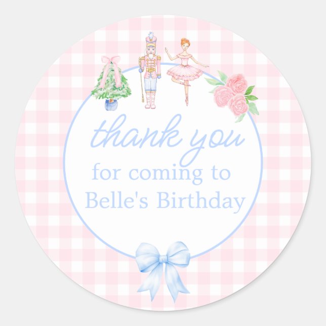 Pink Watercolor Nutcracker Christmas Thank You Classic Round Sticker (Front)