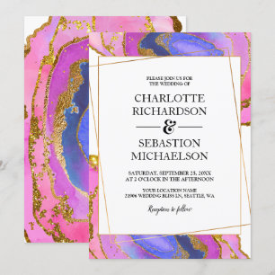 Pink Watercolor Ombre Gold Agate Wedding Invitation