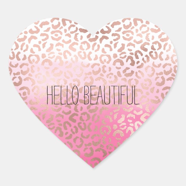 Pink Watercolor Ombre Leopard Print Personalized Heart Sticker (Front)