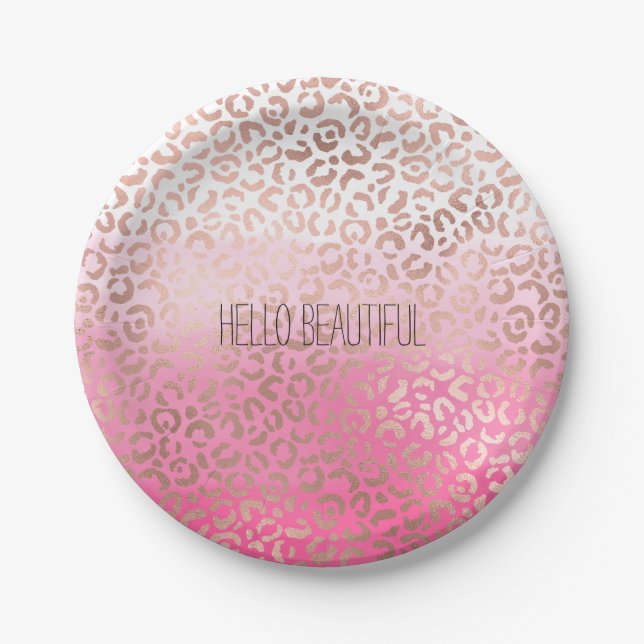 Pink Watercolor Ombre Leopard Print Personalized Paper Plate (Front)