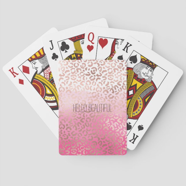 Pink Watercolor Ombre Leopard Print Personalized Playing Cards (Back)