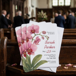  Pink Watercolor Orchid Funeral Announcement Card