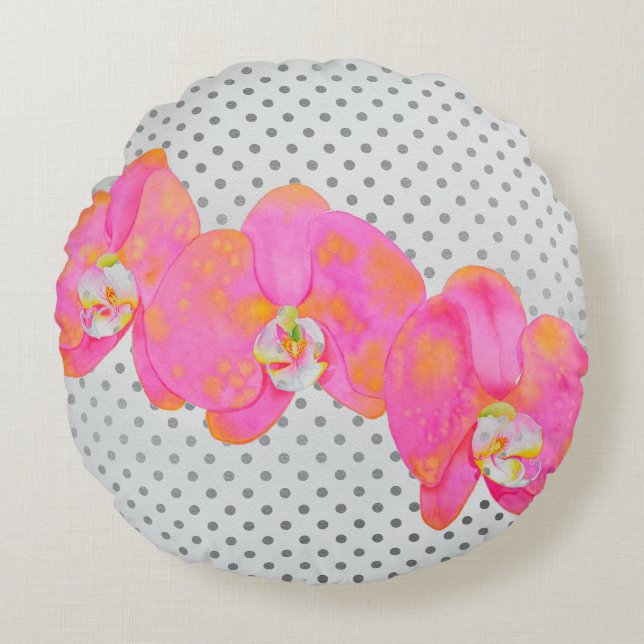 Pink watercolor Orchid painting, polka dots Round Pillow (Front)